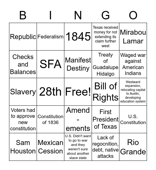 Early Statehood  Bingo Card