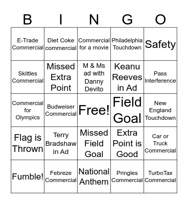 Super Bowl Eagles vs New England Bingo Card