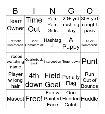 Super Bowl Bingo Card