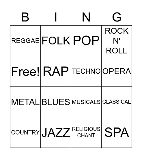 MUSIC GENRE BINGO! Bingo Card