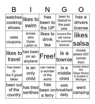 getting to know you bingo Card