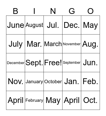 Months and abbreviations Bingo Card