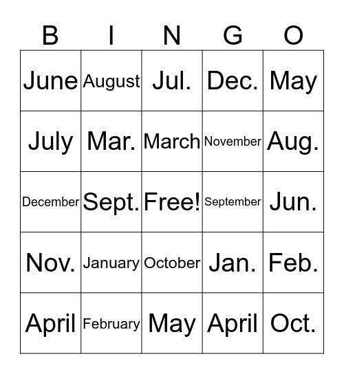 Months and abbreviations Bingo Card