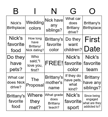 Brittany's Bridal Shower Bingo Card