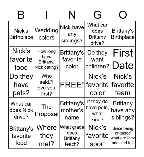 Brittany's Bridal Shower Bingo Card
