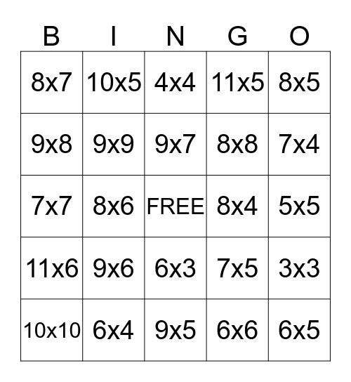 Multiplication Bingo Card