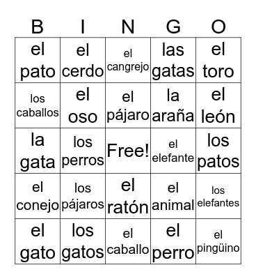 Spanish Animals Duolingo Bingo Card