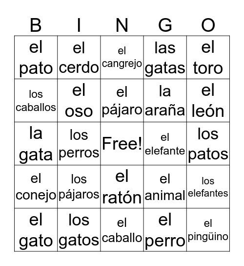 Spanish Animals Duolingo Bingo Card
