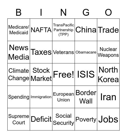 State of the Union Bingo : Donald Trump Bingo Card