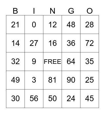 Multiplication Bingo Card