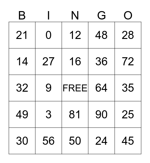 Multiplication Bingo Card