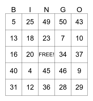 Number Bingo Card