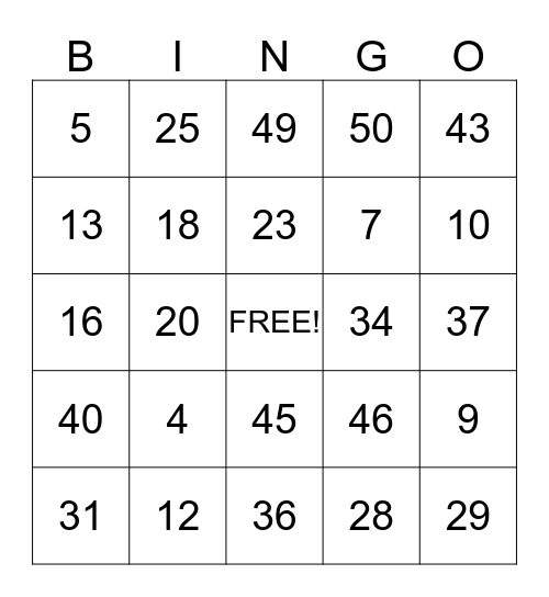 Number Bingo Card