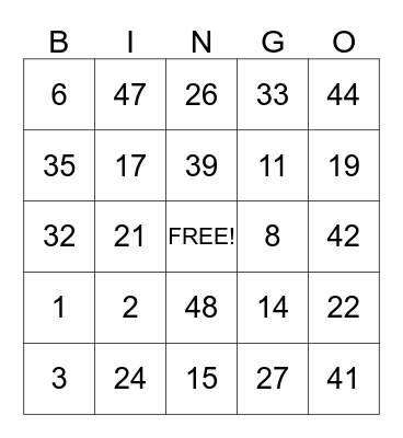 Number Bingo Card
