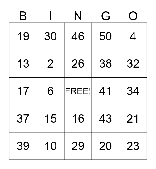 Number Bingo Card