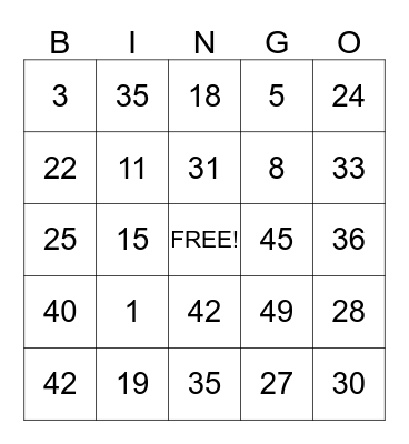Number Bingo Card