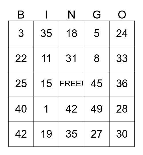 Number Bingo Card