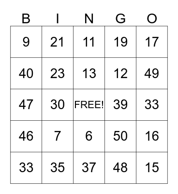 Number Bingo Card