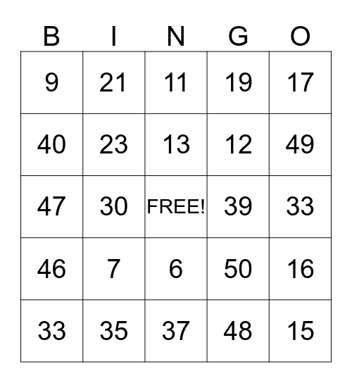 Number Bingo Card