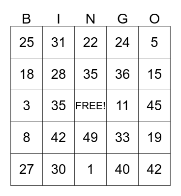 Number Bingo Card