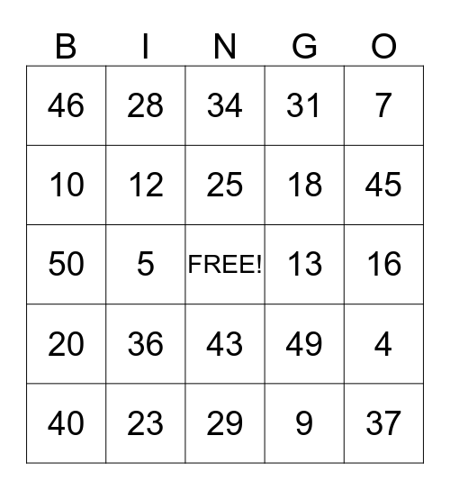 Number Bingo Card
