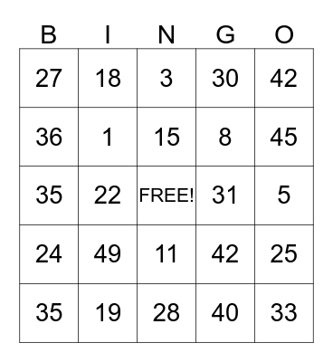 Number Bingo Card