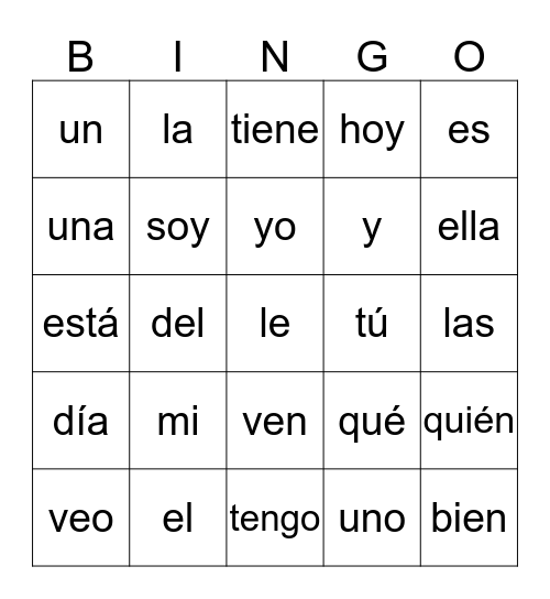 Palabras de Uso Frequente Bingo Card