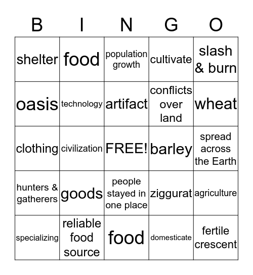 Early People Bingo Card