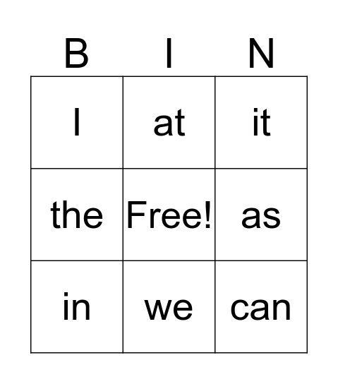 Sight Words Bingo Card