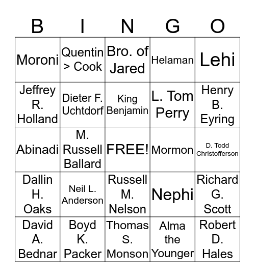 Prophets and Apostles Bingo Card