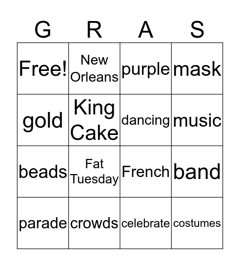 Mardi Gras Bingo Card