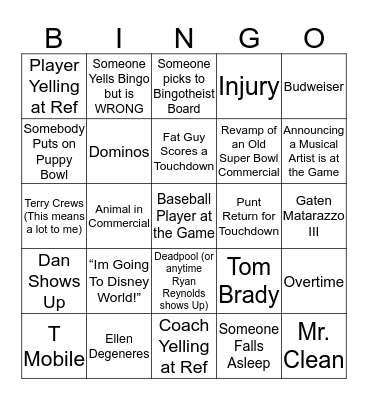 2018 Super Bowl Bingo Card