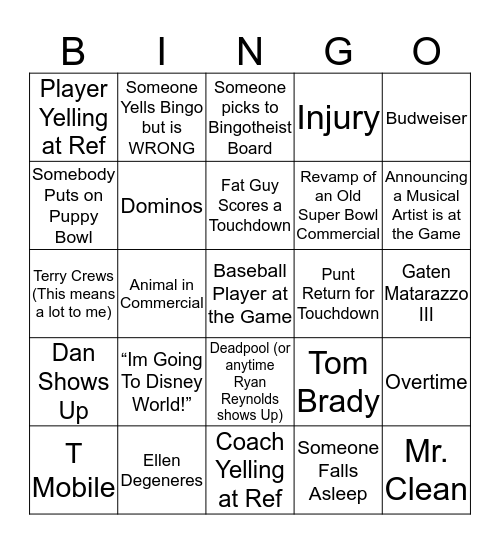 2018 Super Bowl Bingo Card