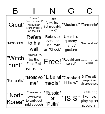 State of the Union Bingo Card