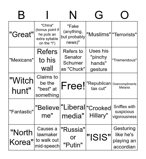 State of the Union Bingo Card