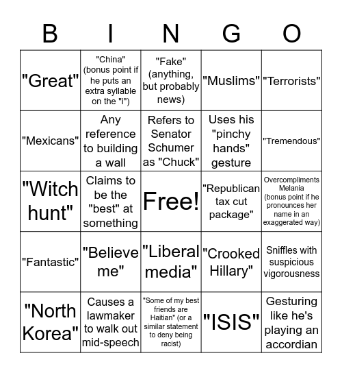 State of the Union Bingo Card