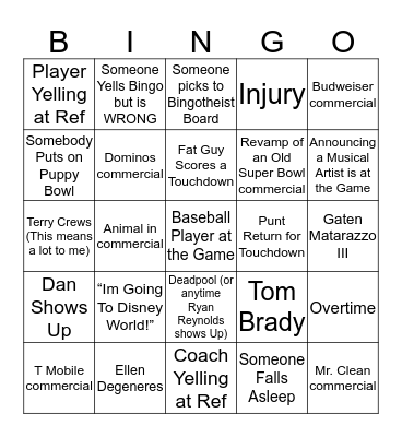 2018 Super Bowl Bingo Card