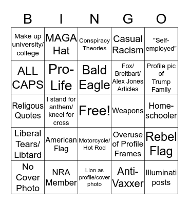 Trump Supporter FB Page Bingo!! Bingo Card