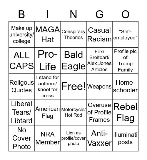 Trump Supporter FB Page Bingo!! Bingo Card