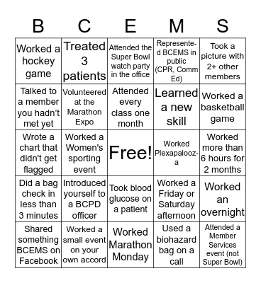 BCEMS Bingo Card
