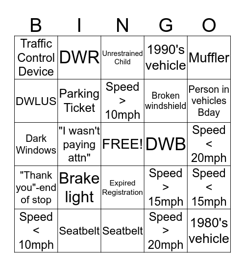 Daytime Drivers Bingo Card