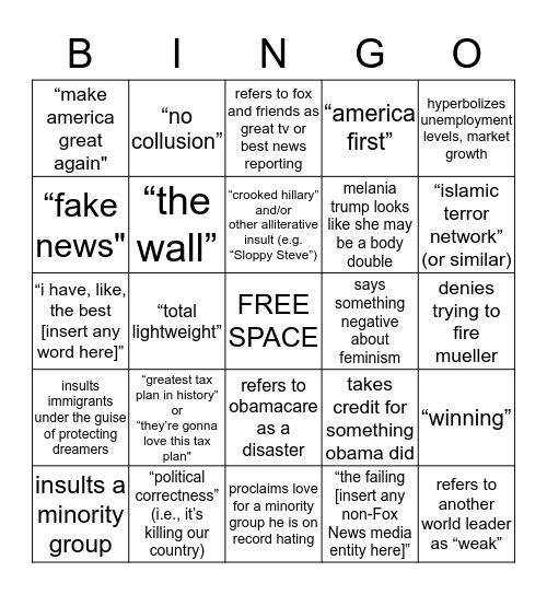 SOTU 2018 HATEWATCH BINGO Card