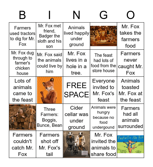Fantastic Mr. Fox Bingo Card