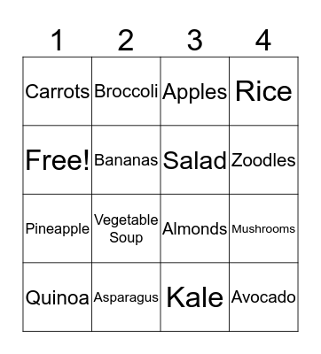 Healthy Food Bingo Card