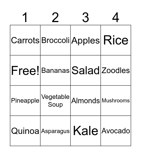 Healthy Food Bingo Card