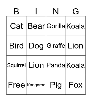Animal Bingo Card