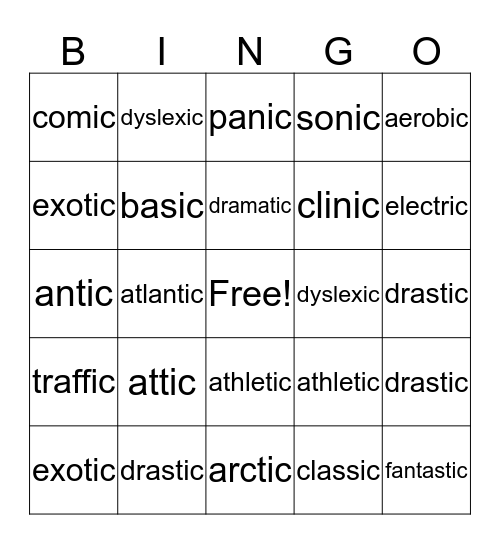 IC Words Bingo Card