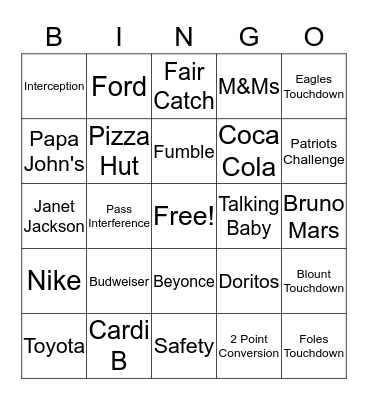 Super Bowl LII Bingo Card