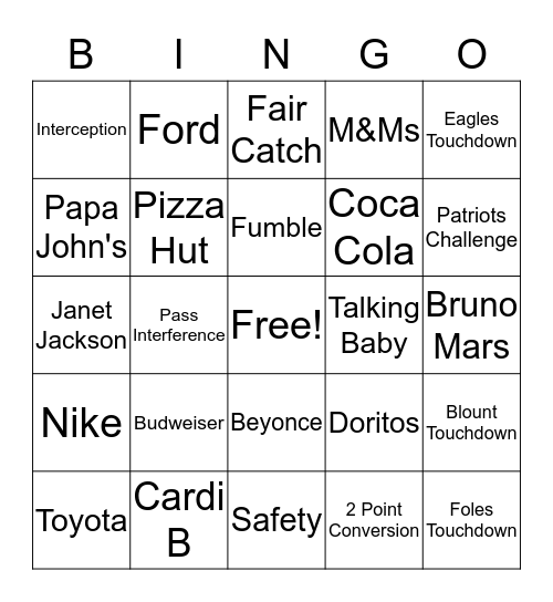 Super Bowl LII Bingo Card
