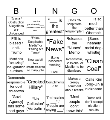 Filthy Dirty Trump Lies SotU Bingo Card